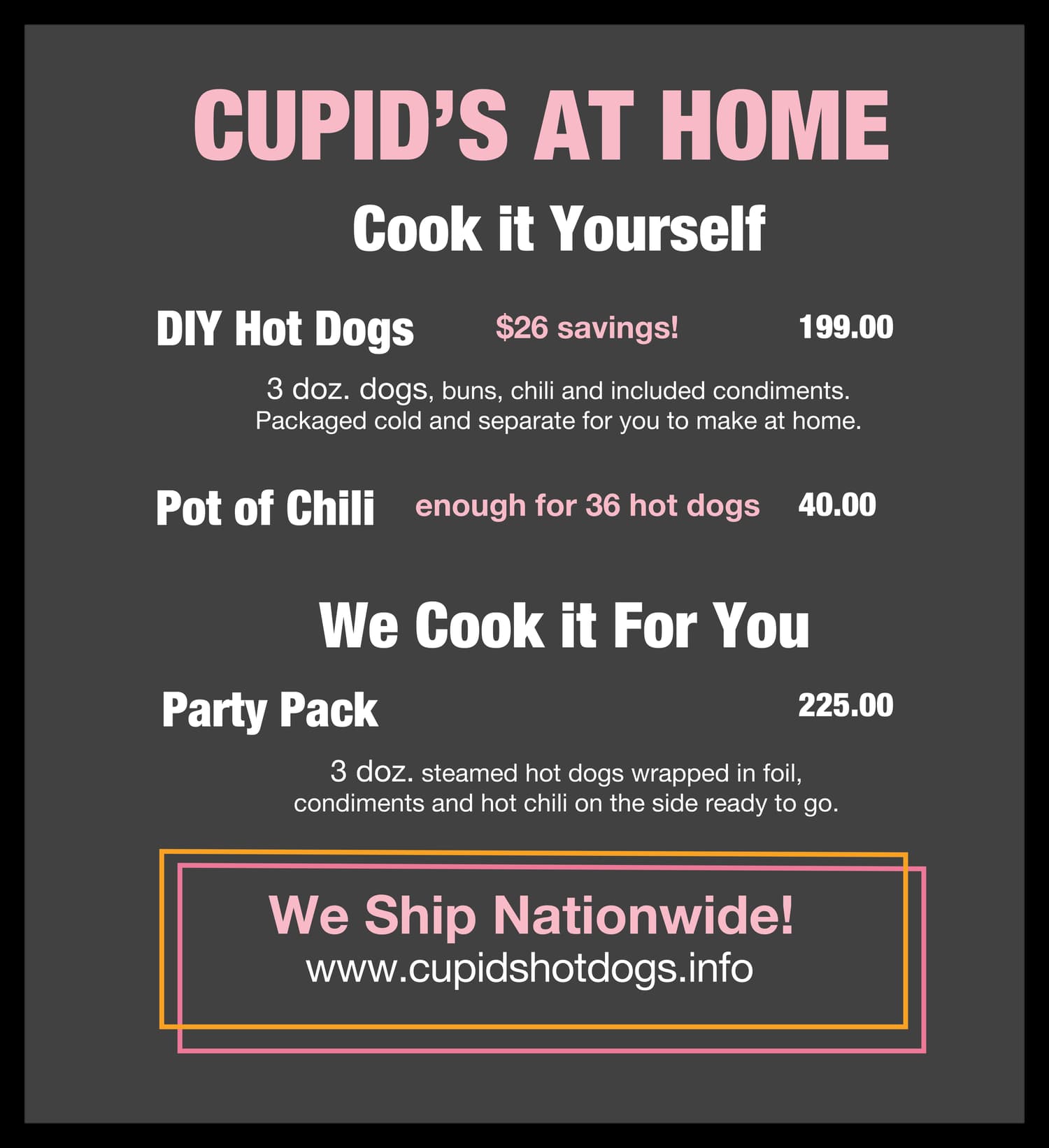 Cupid's At Home shipping menu